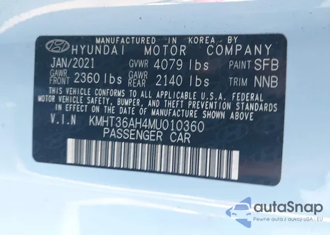 2021 Hyundai Veloster N z USA, uszkodzony, nr VIN KMHT36AH4MU010360